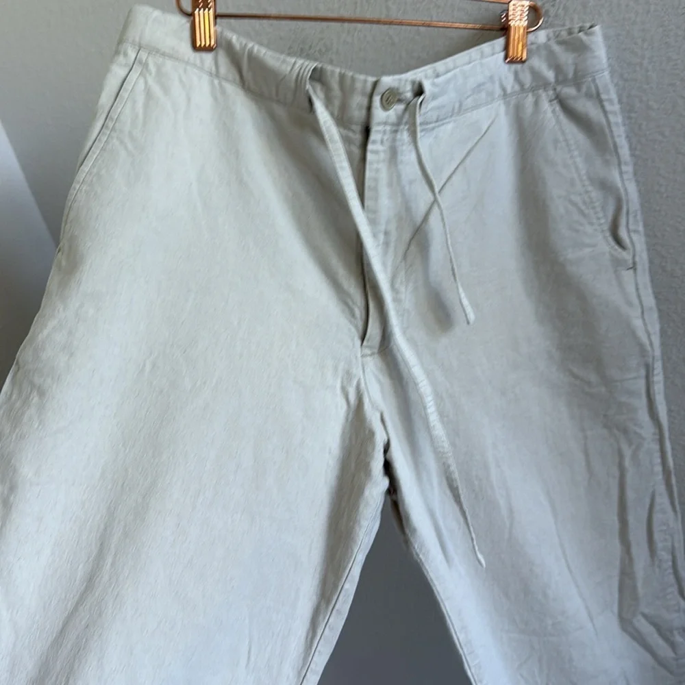 Reunion Linen Cotton Cream Pants Straight Leg Zipper + Drawstring Waist Large